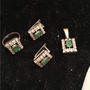 Vintage 14 k white gold  diamond/ emerald pendant, earrings and  ring set